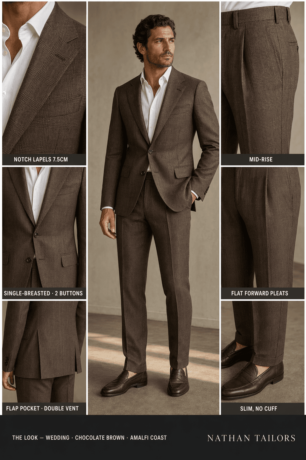 chocolate brown single-breasted suit — Nathan Tailors Hoi An tailor Atelier render