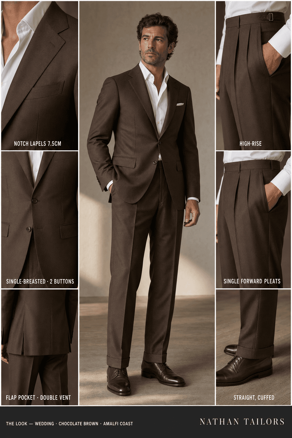 chocolate brown single-breasted suit — Nathan Tailors Hoi An tailor Atelier render