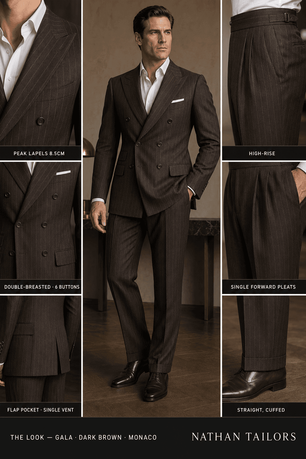 Dark brown double-breasted suit — Nathan Tailors Hoi An tailor Atelier render