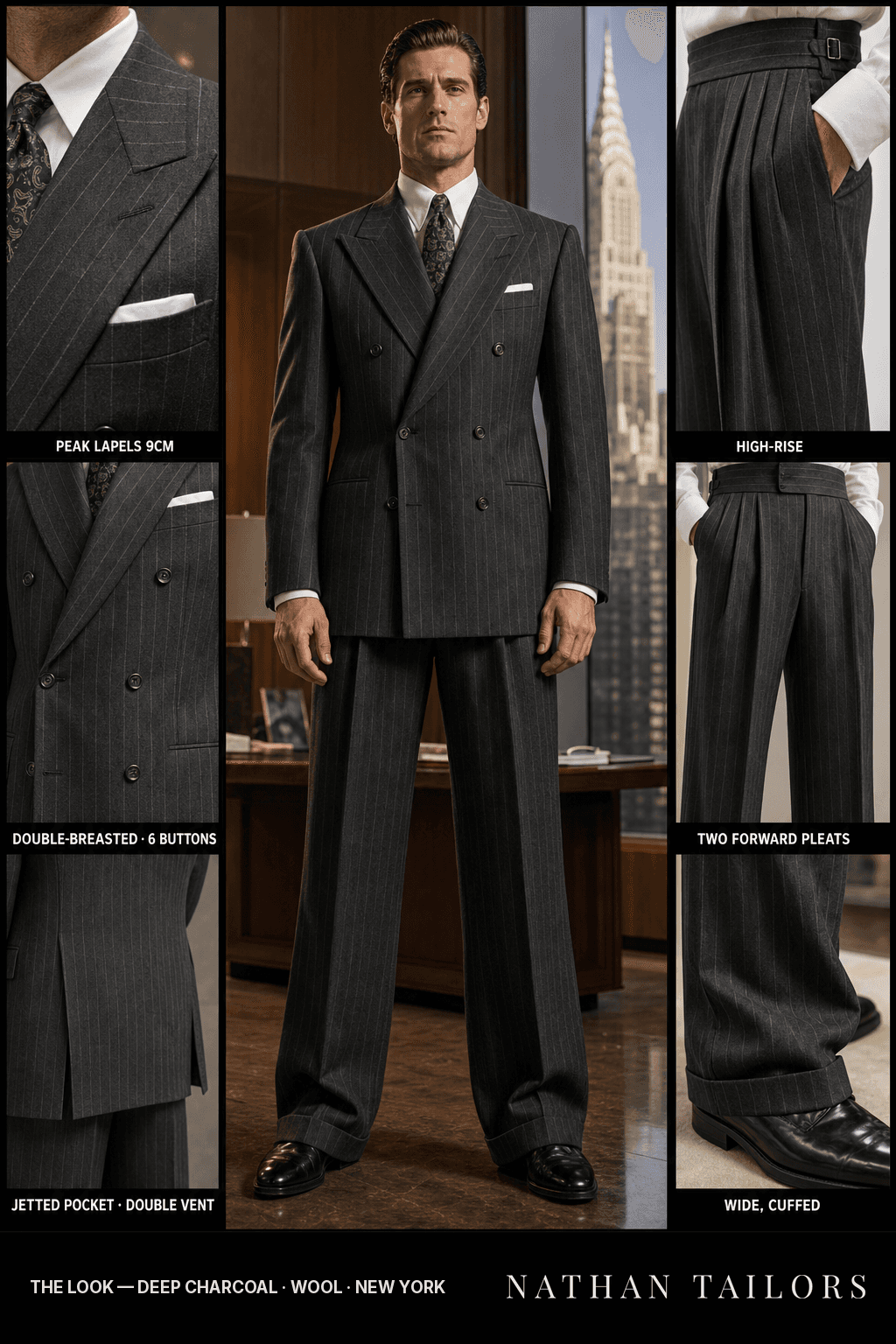 deep charcoal double-breasted suit — Nathan Tailors Hoi An tailor Atelier render