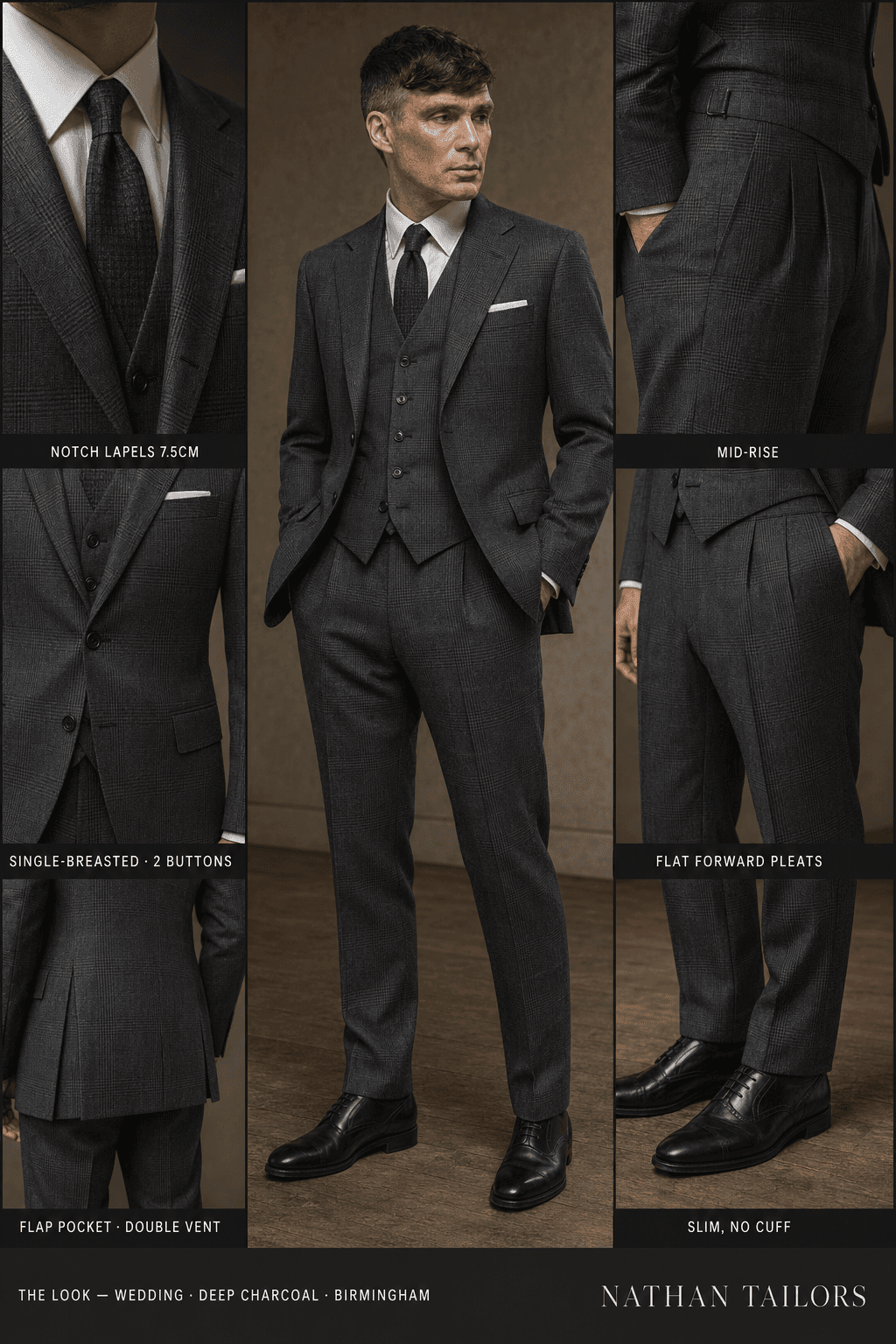Your deep charcoal single-breasted suit