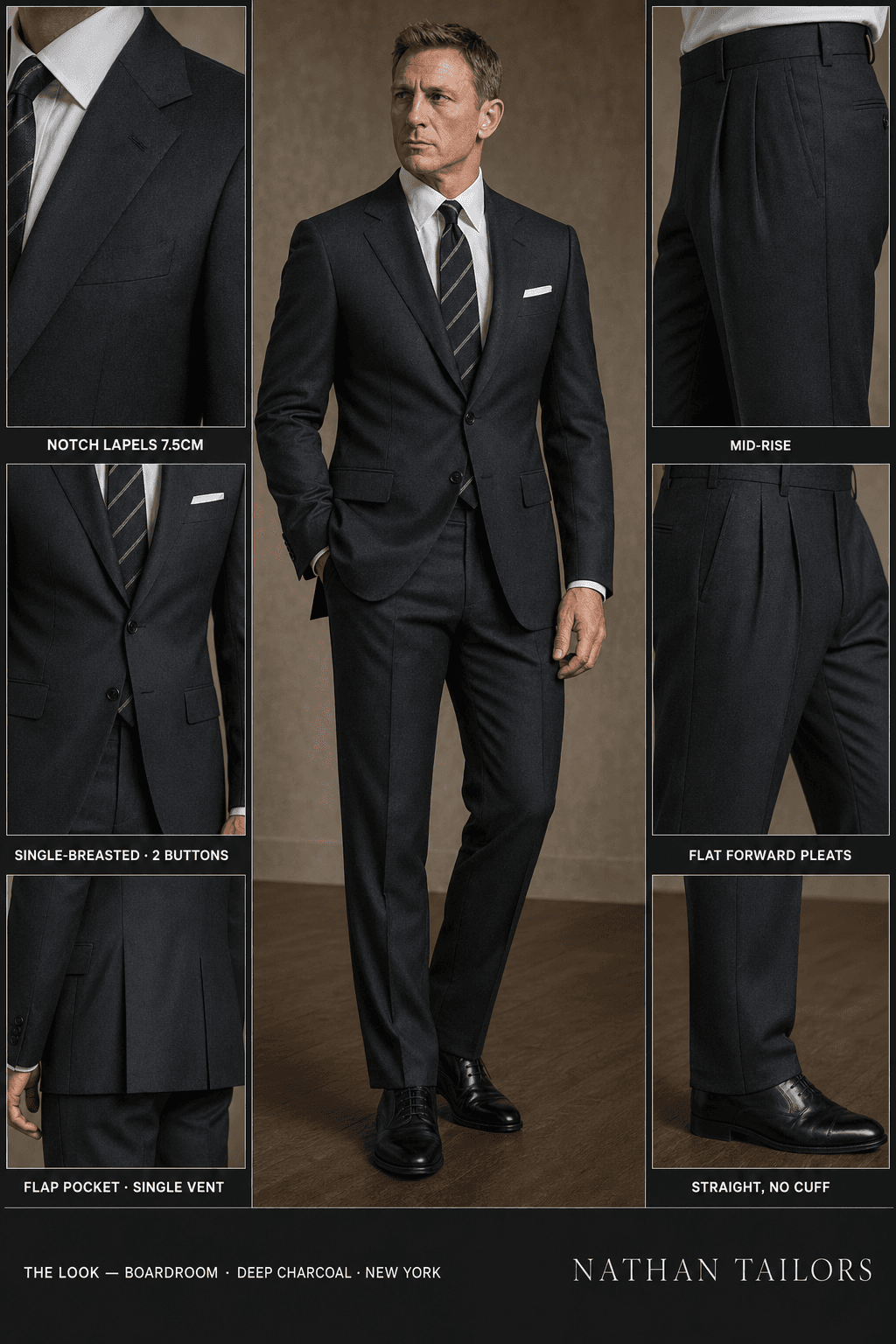 deep charcoal single-breasted suit — Nathan Tailors Hoi An tailor Atelier render