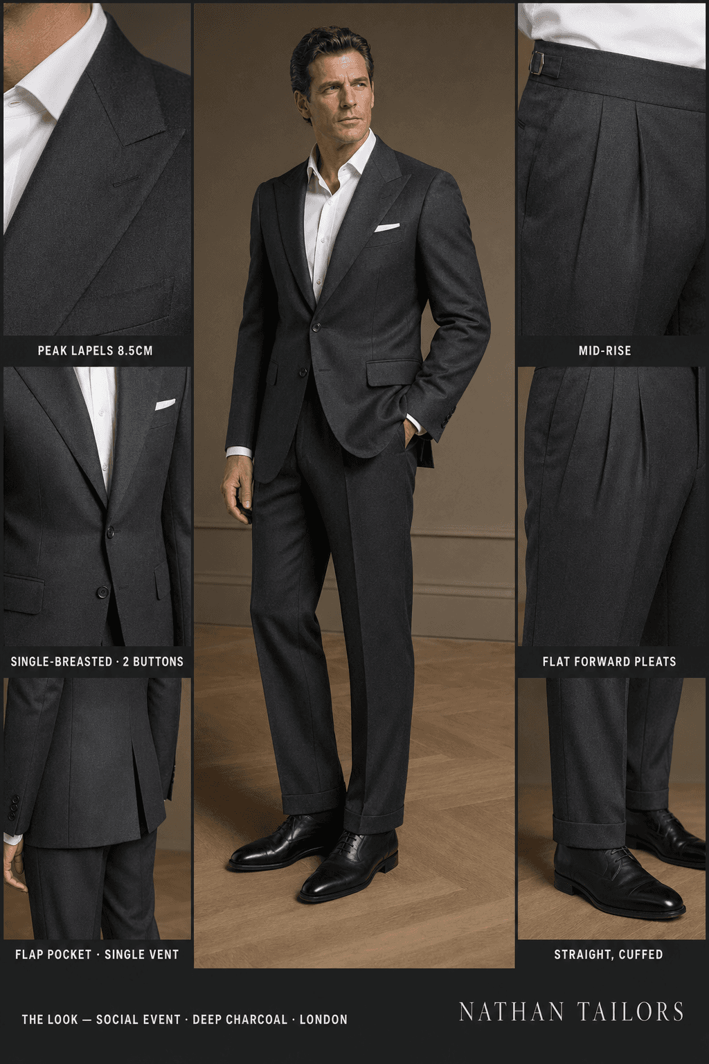 deep charcoal single-breasted suit — Nathan Tailors Hoi An tailor Atelier render