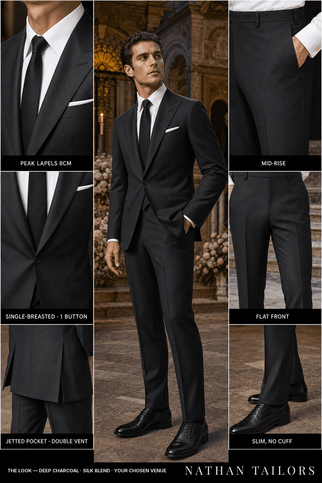 deep charcoal single-breasted suit — Nathan Tailors Hoi An tailor Atelier render