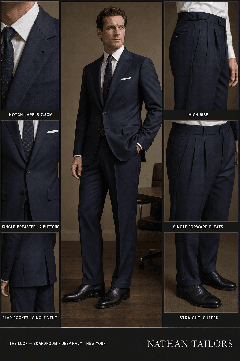 deep navy single-breasted suit — Nathan Tailors Hoi An tailor Atelier render