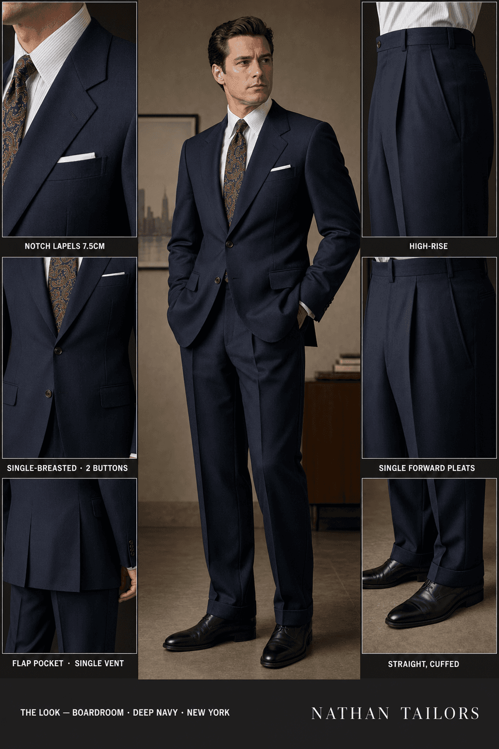 deep navy single-breasted suit — Nathan Tailors Hoi An tailor Atelier render