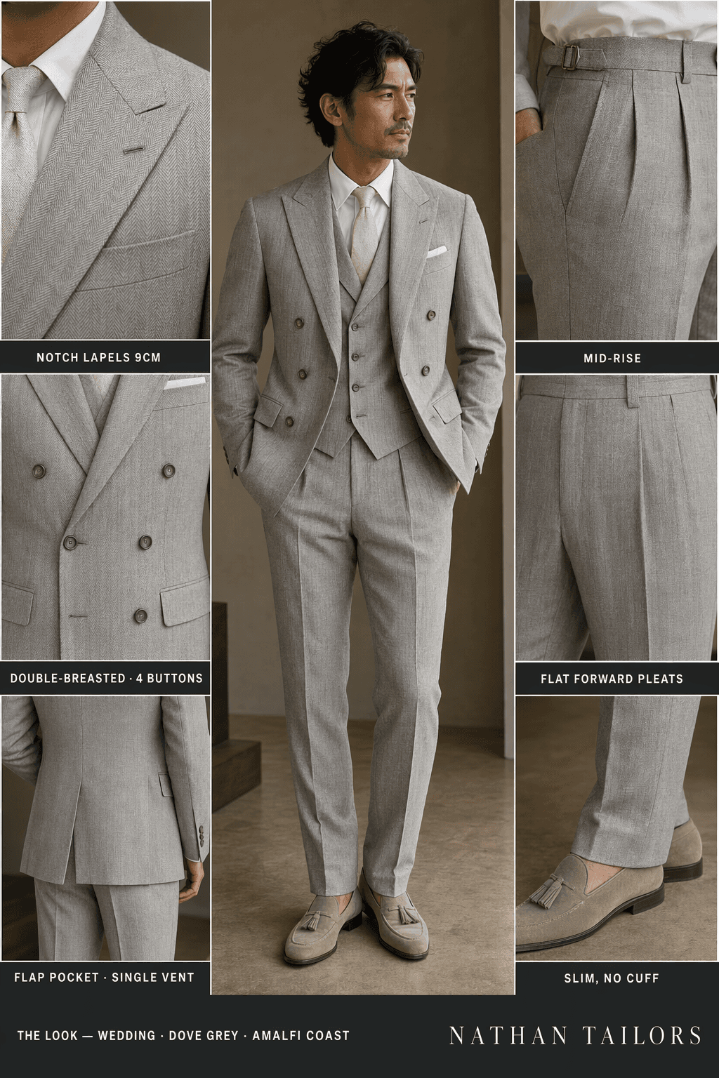 dove grey double-breasted suit — Nathan Tailors Hoi An tailor Atelier render