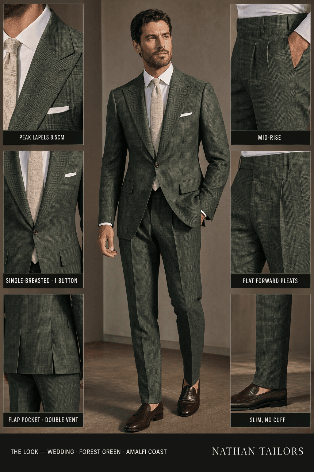 forest green single-breasted suit — Nathan Tailors Hoi An tailor Atelier render