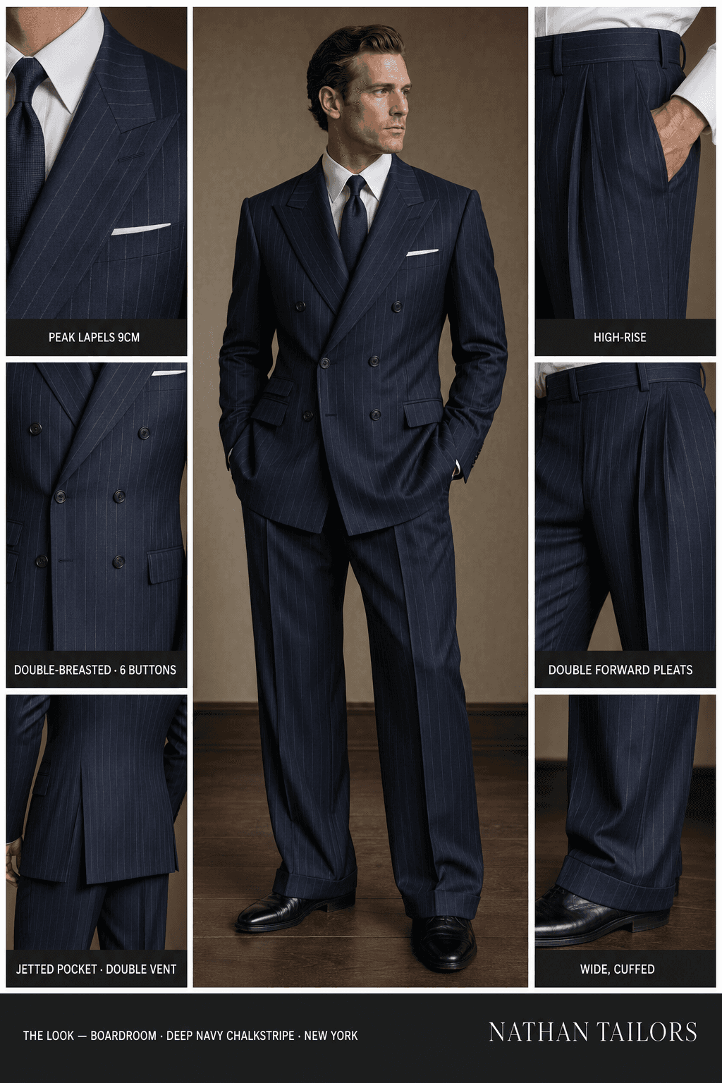 deep navy chalkstripe double-breasted suit — Nathan Tailors Hoi An tailor Atelier render