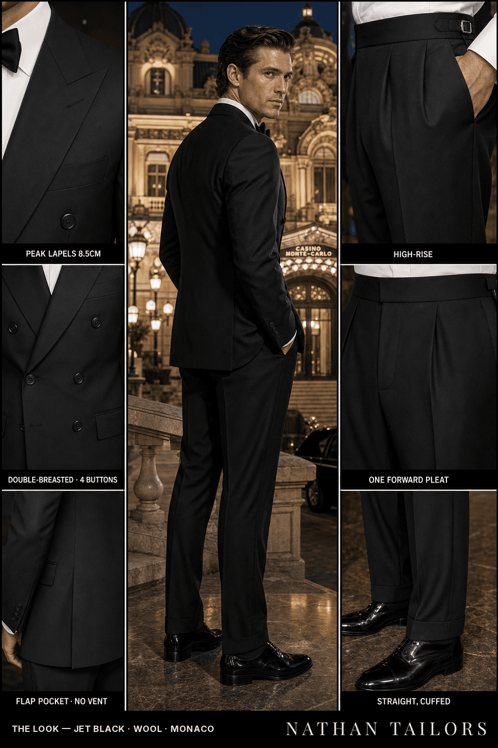 jet black double-breasted suit — Nathan Tailors Hoi An tailor Atelier render