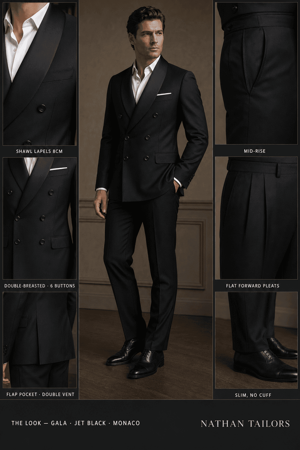 Your jet black double-breasted suit