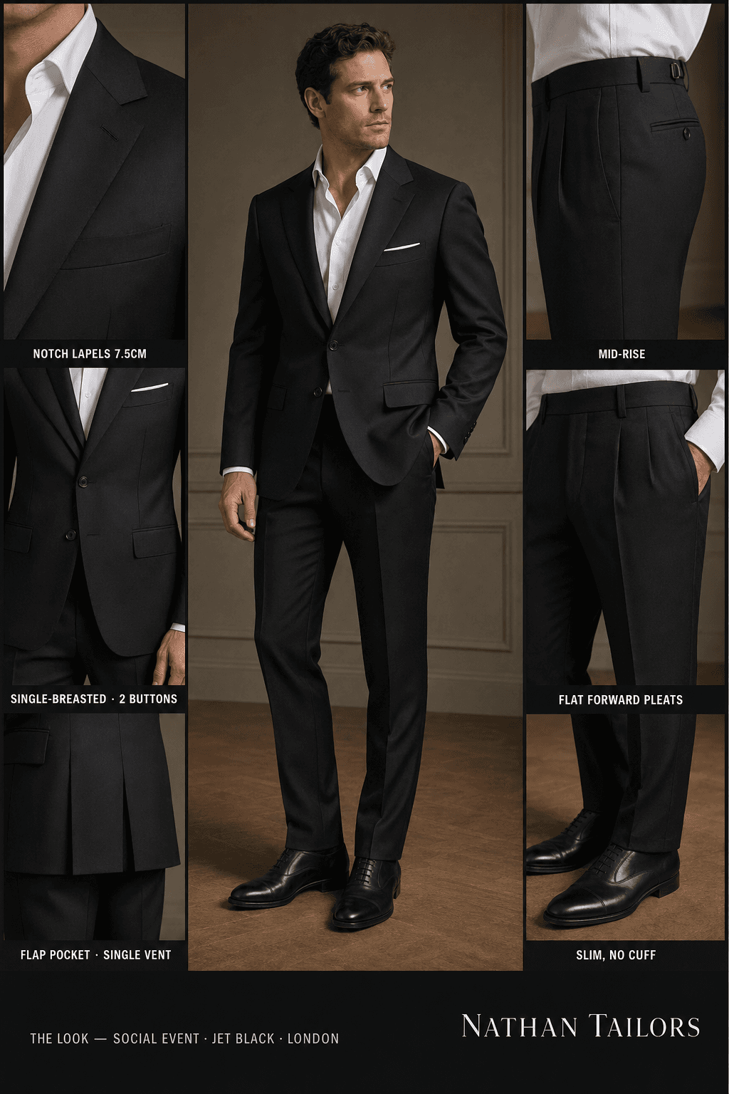 jet black single-breasted suit — Nathan Tailors Hoi An tailor Atelier render