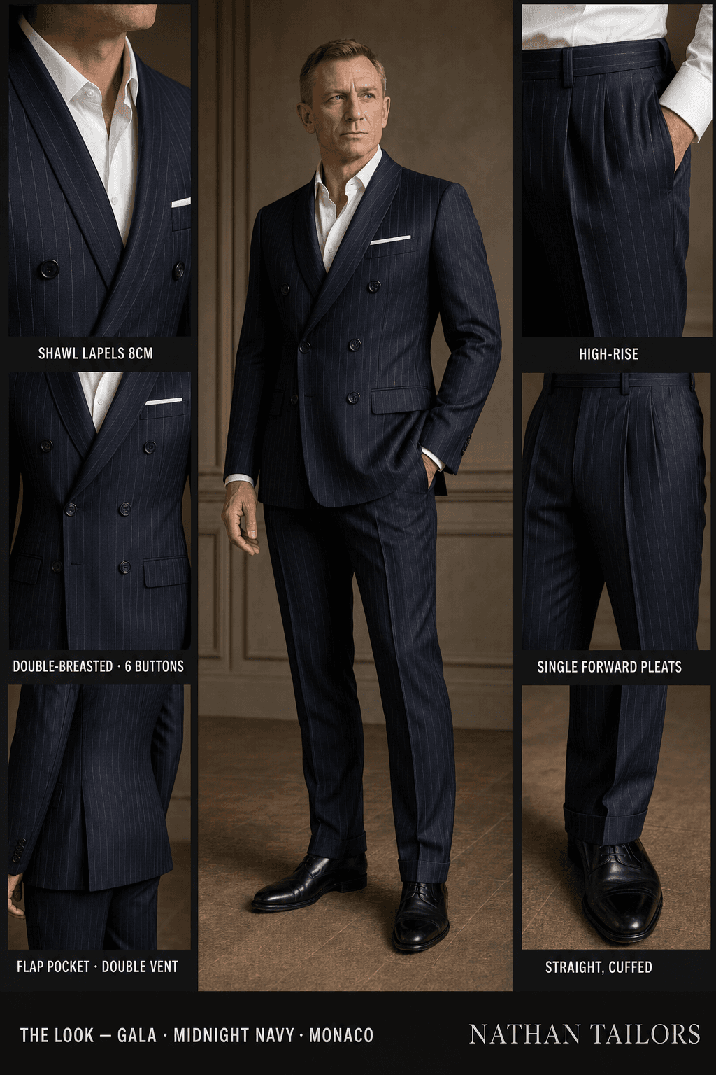 midnight navy double-breasted suit — Nathan Tailors Hoi An tailor Atelier render