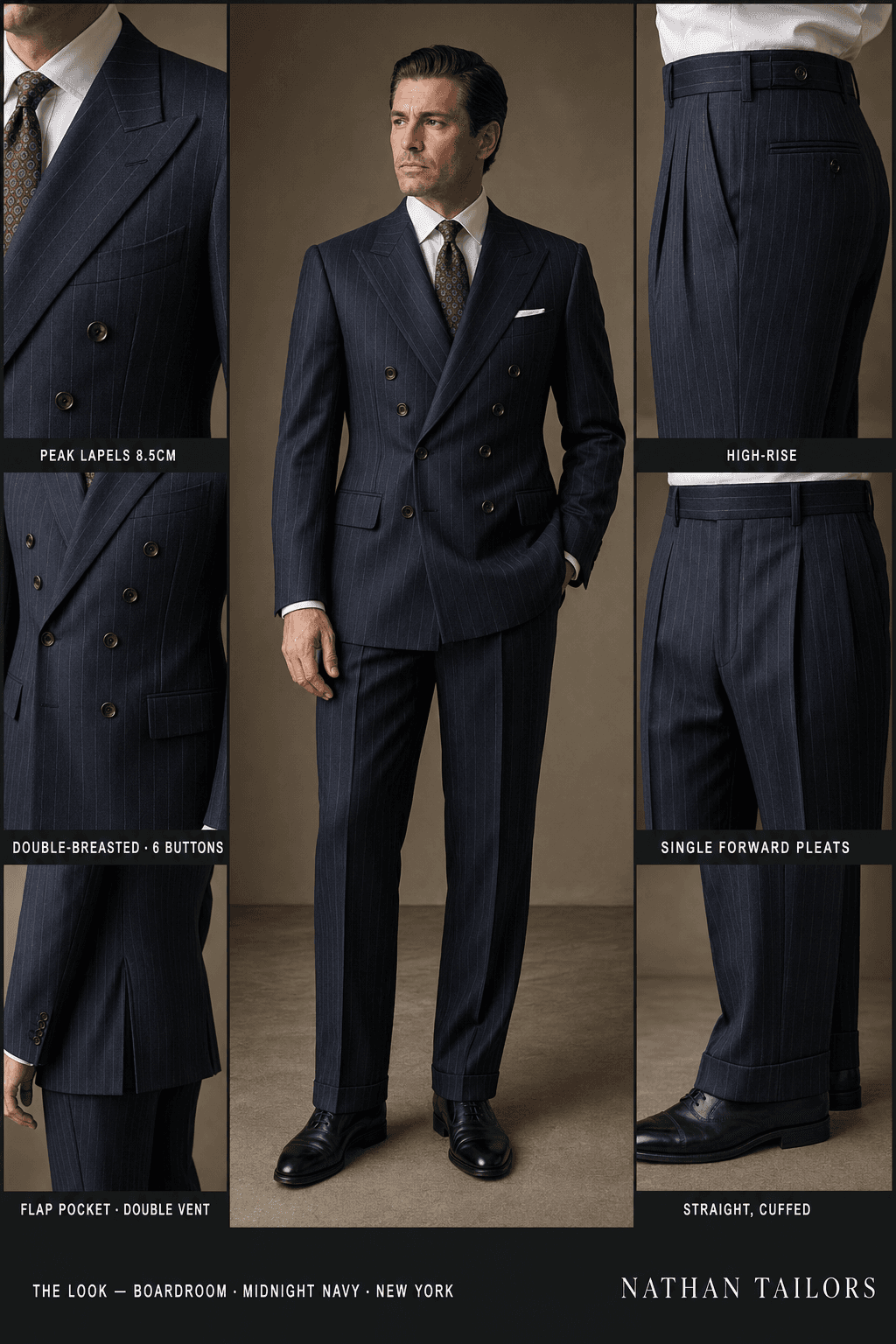 midnight navy double-breasted suit — Nathan Tailors Hoi An tailor Atelier render
