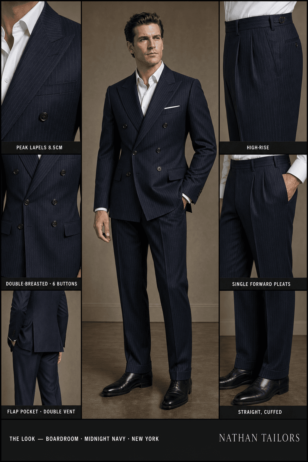 midnight navy double-breasted suit — Nathan Tailors Hoi An tailor Atelier render