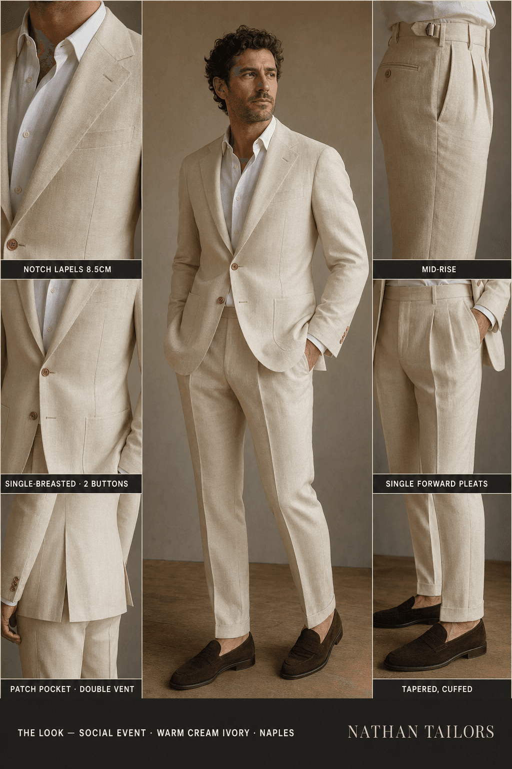 warm cream ivory single-breasted suit — Nathan Tailors Hoi An tailor Atelier render
