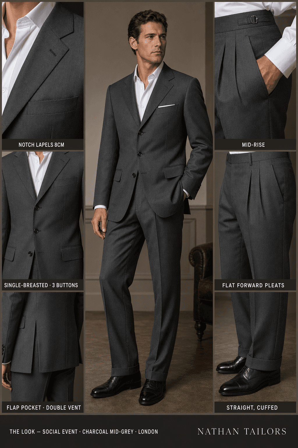 charcoal mid-grey single-breasted suit — Nathan Tailors Hoi An tailor Atelier render