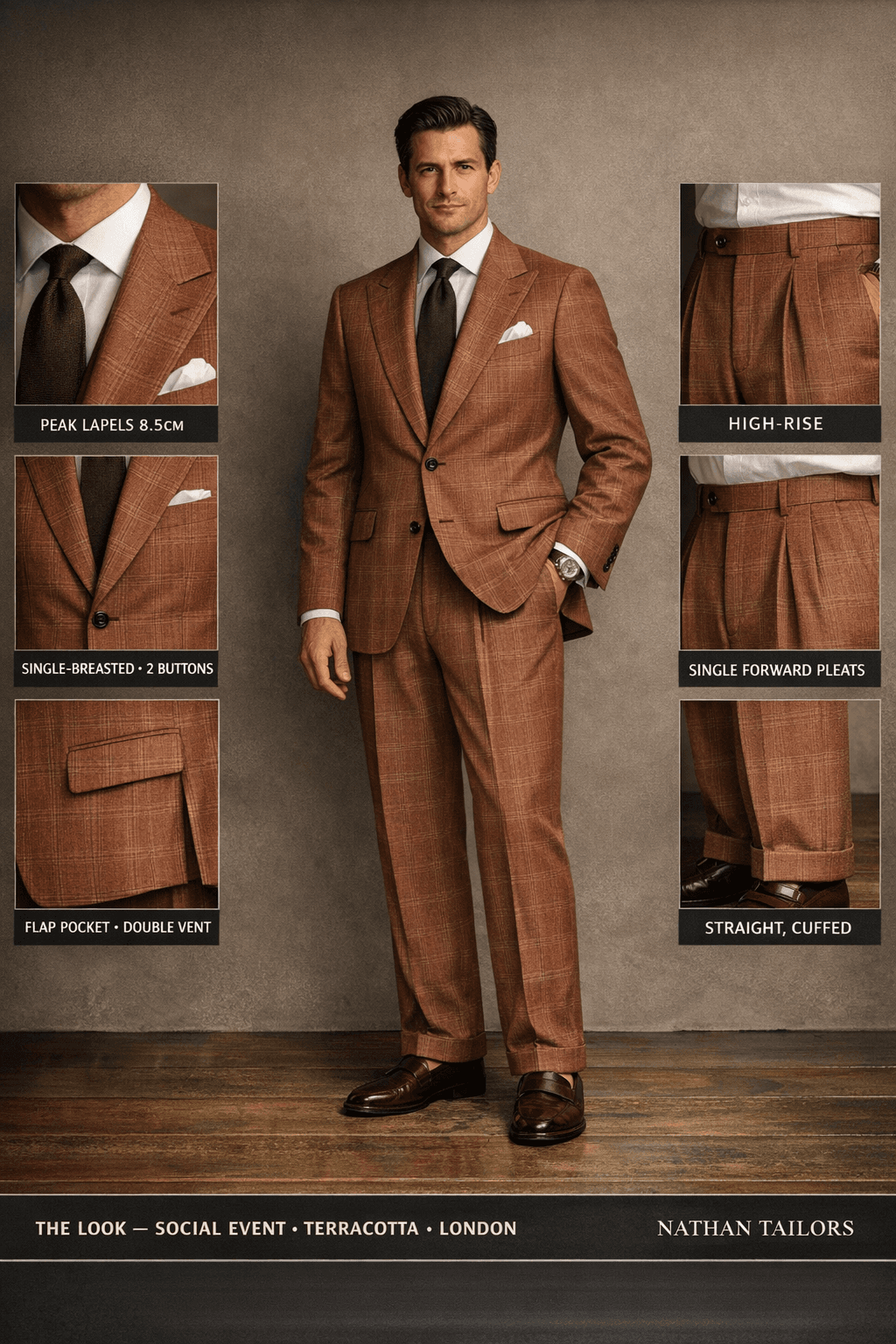 terracotta glen plaid single-breasted peak-lapel bespoke suit — AI-rendered by Nathan Tailors, the Hoi An custom tailor. Available as a custom tailored suit from $129.