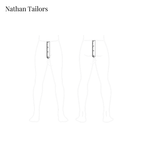 How to measure crotch full rise for custom trousers â one continuous measuring tape from front waistband, under the crotch, to back waistband, shown from front and back views