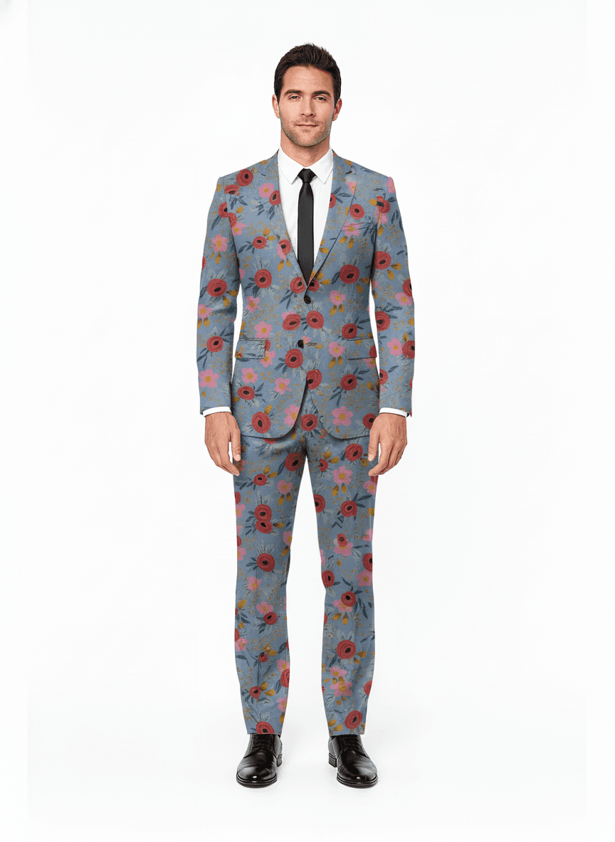 Cotton Light Lavender Blue Rose Red Floral Dresses Fabric on full suit — AI-rendered by Nathan Tailors, a Hoi An tailor