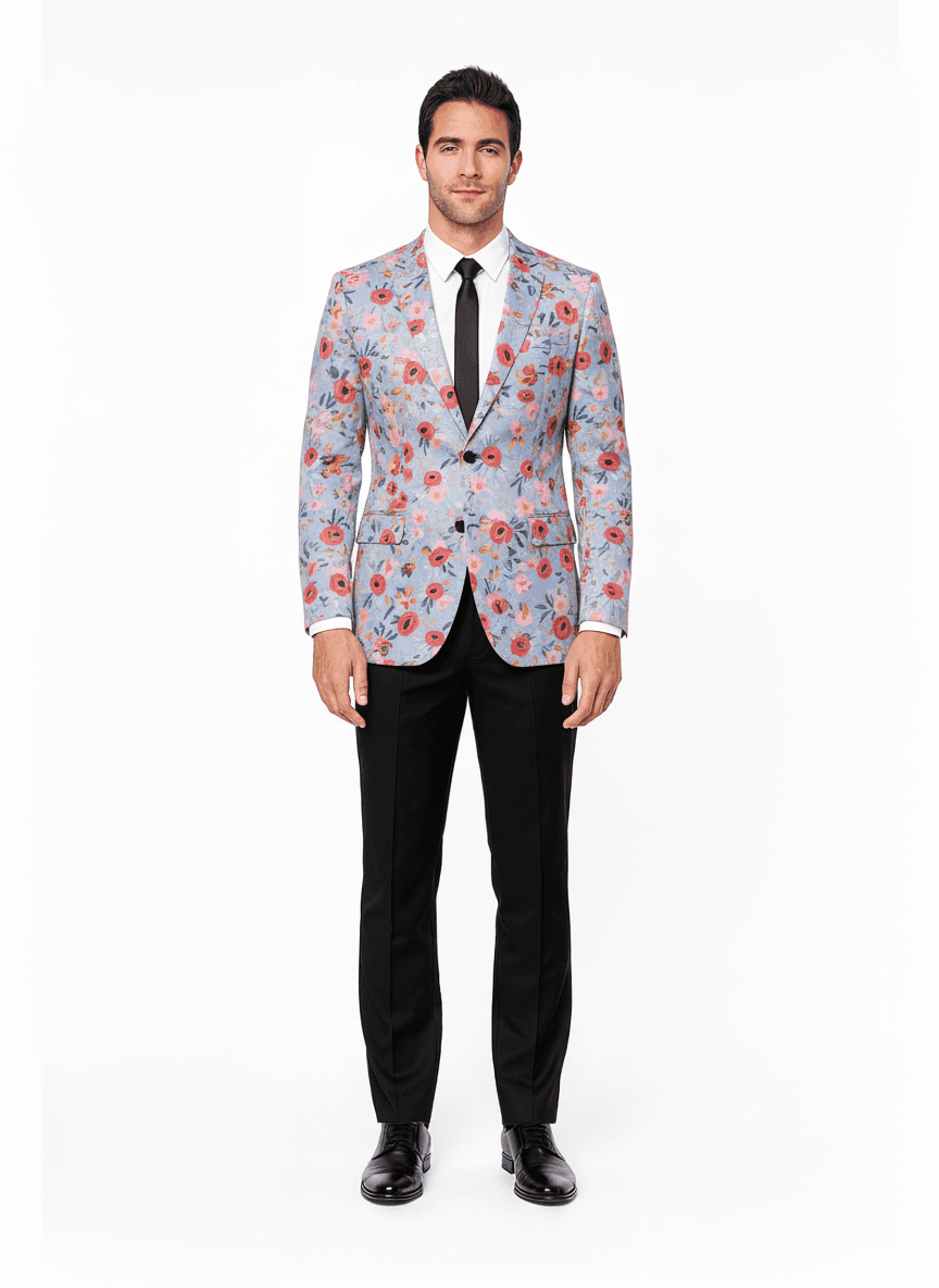 Cotton Light Lavender Blue Rose Red Floral Dresses Fabric on jacket β AI-rendered by Nathan Tailors, a Hoi An tailor