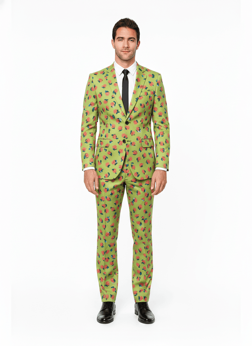 Cotton Light Olive Green & Coral Pink Floral Summer Dresses Fabric on full suit — AI-rendered by Nathan Tailors, a Hoi An tailor