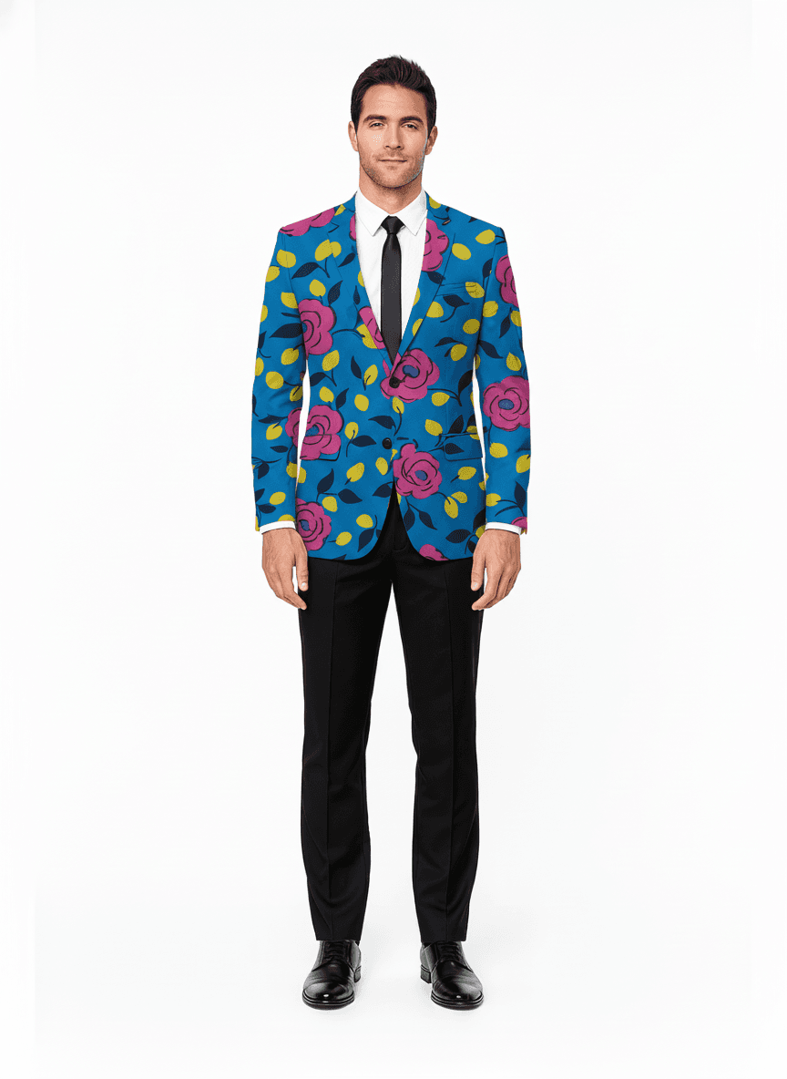 Cotton Bright Blue Vibrant Yellow Floral Summer Dress Fabric on jacket — AI-rendered by Nathan Tailors, a Hoi An tailor