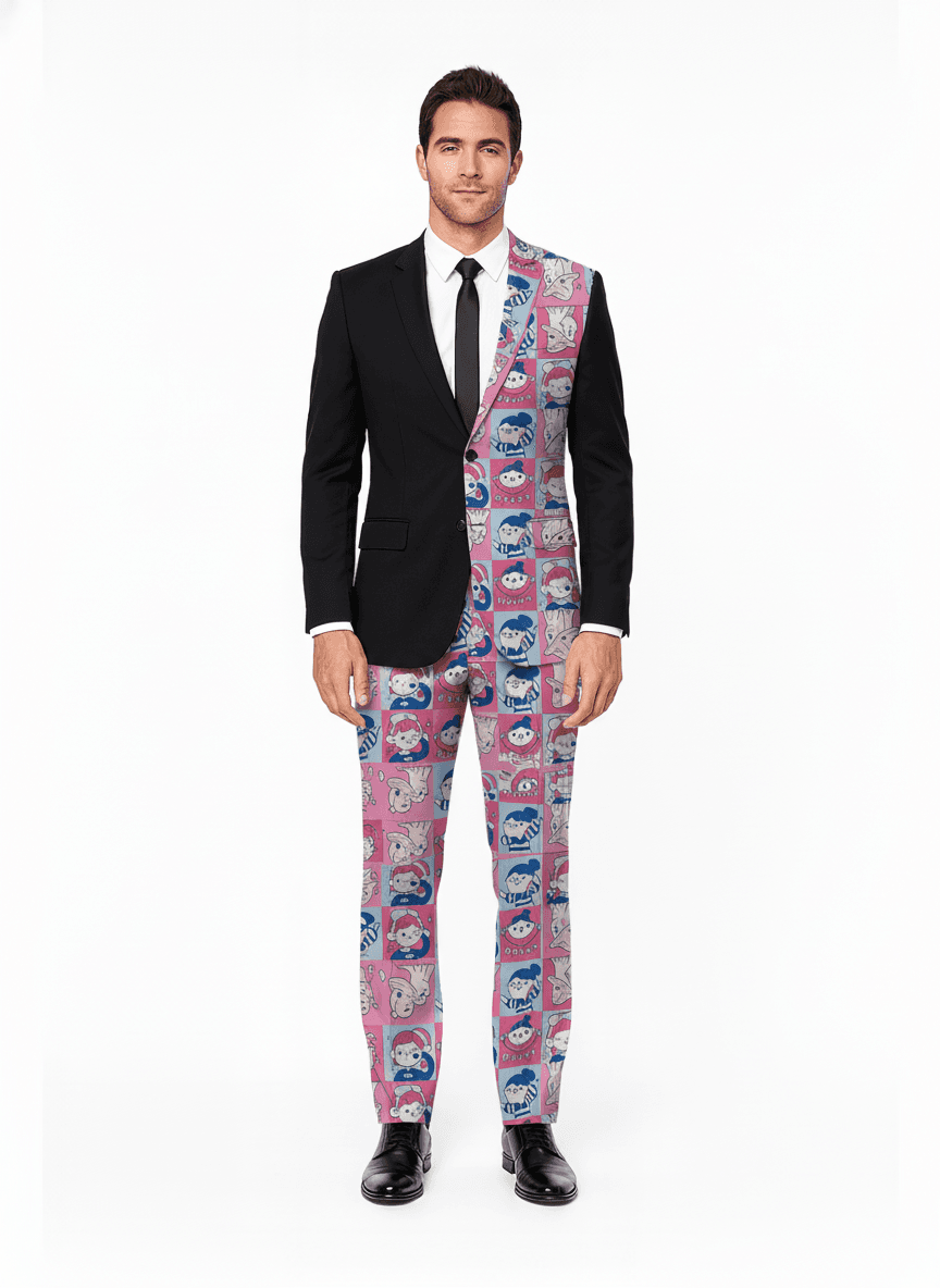 Cotton Blend Light Pink/Dark Blue Cartoon Casual Blazers Fabric on full suit — AI-rendered by Nathan Tailors, a Hoi An tailor