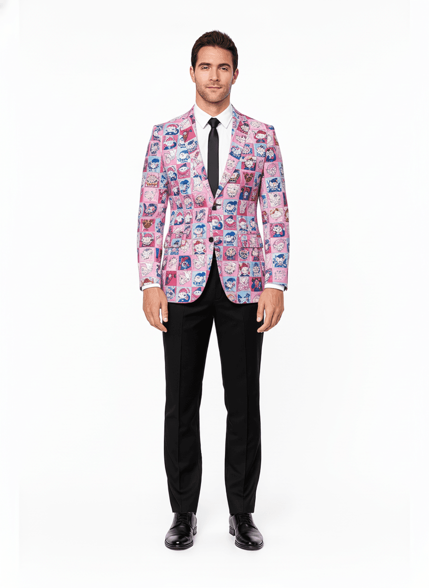 Cotton Blend Light Pink/Dark Blue Cartoon Casual Blazers Fabric on jacket — AI-rendered by Nathan Tailors, a Hoi An tailor
