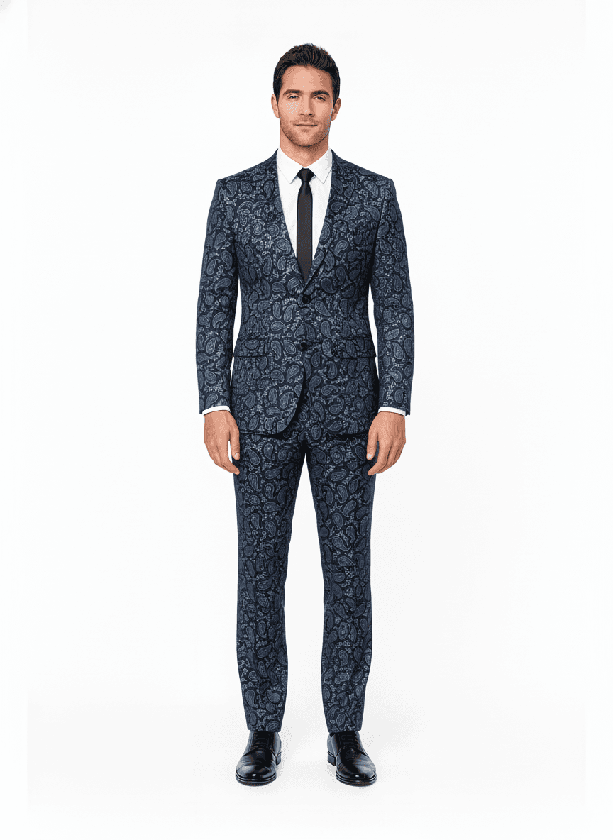 Cotton Blend Dark Navy Light Blue Paisley Dress Shirt Fabric on full suit — AI-rendered by Nathan Tailors, a Hoi An tailor