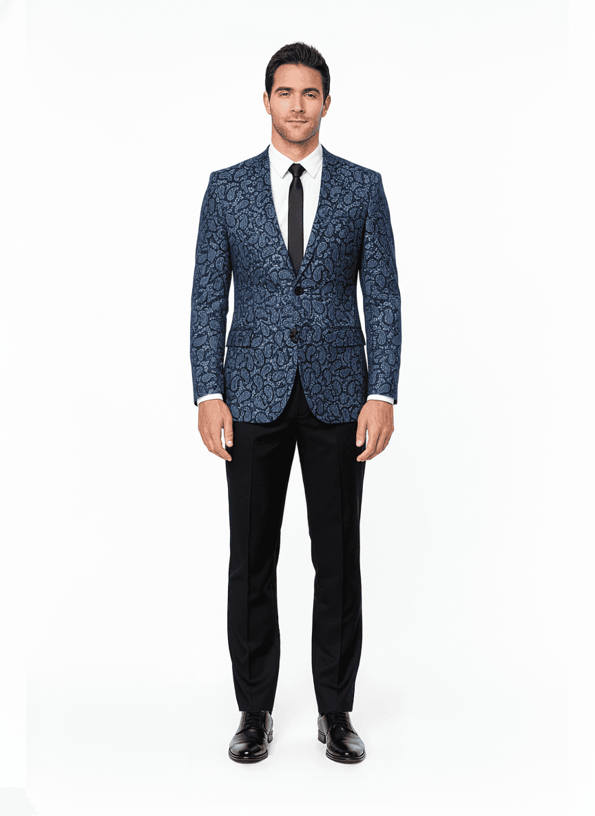 Cotton Blend Dark Navy Light Blue Paisley Dress Shirt Fabric on jacket — AI-rendered by Nathan Tailors, a Hoi An tailor