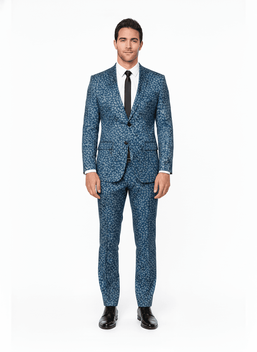 Cotton Blend Deep Blue & Sky Blue Leaf Casual Shirts Fabric on full suit β AI-rendered by Nathan Tailors, a Hoi An tailor