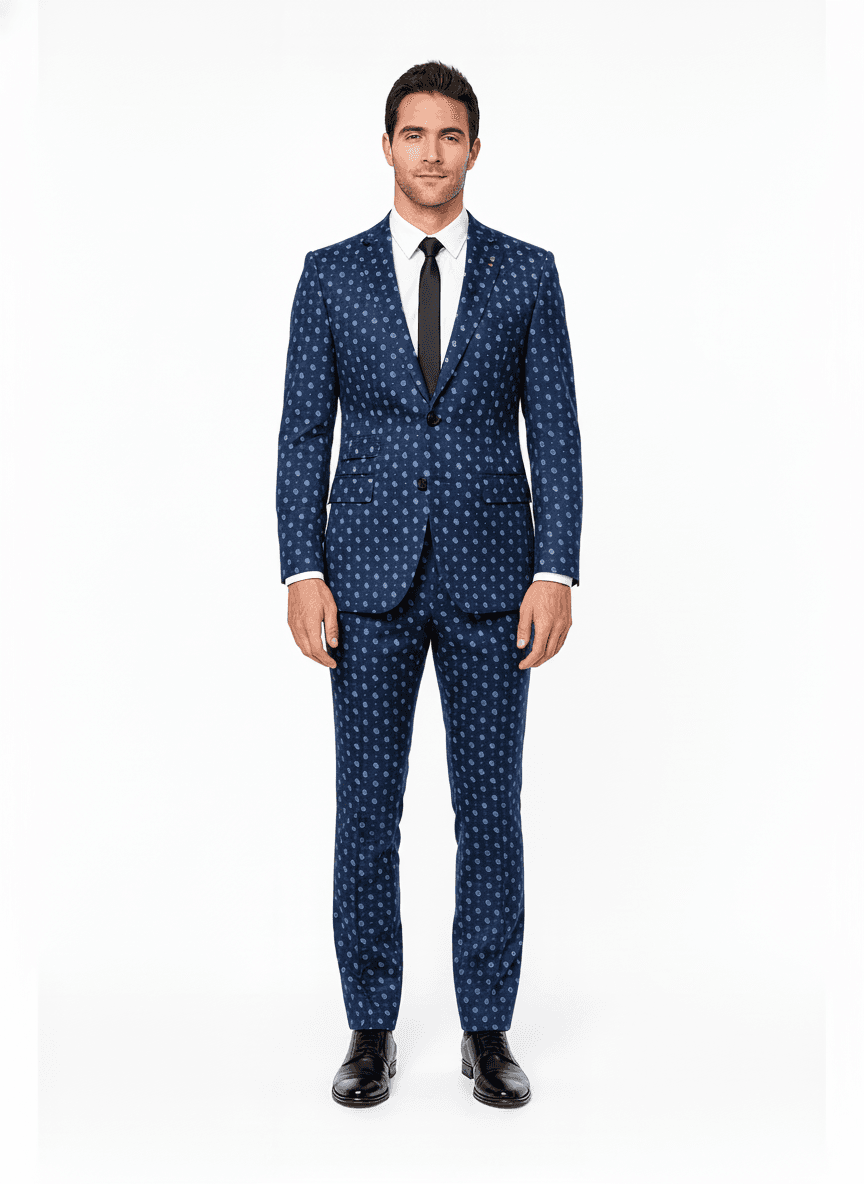 Cotton Blend Midnight Blue Soft White Paisley Casual Shirts Fabric on full suit — AI-rendered by Nathan Tailors, a Hoi An tailor