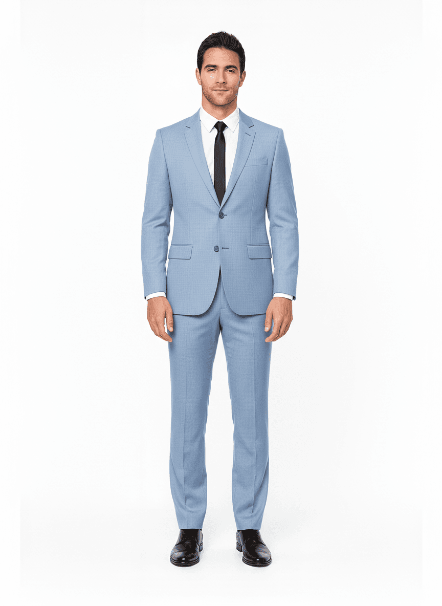 Organic Cotton Light Blue Solid Dress Shirt Fabric on full suit — AI-rendered by Nathan Tailors, a Hoi An tailor