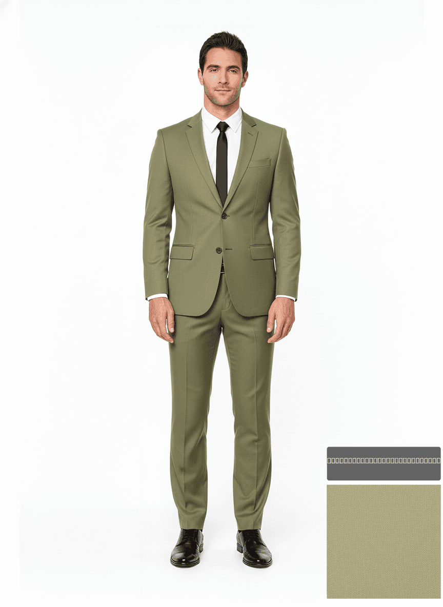 Organic Cotton Light Olive Solid Dress Shirt Fabric on full suit — AI-rendered by Nathan Tailors, a Hoi An tailor