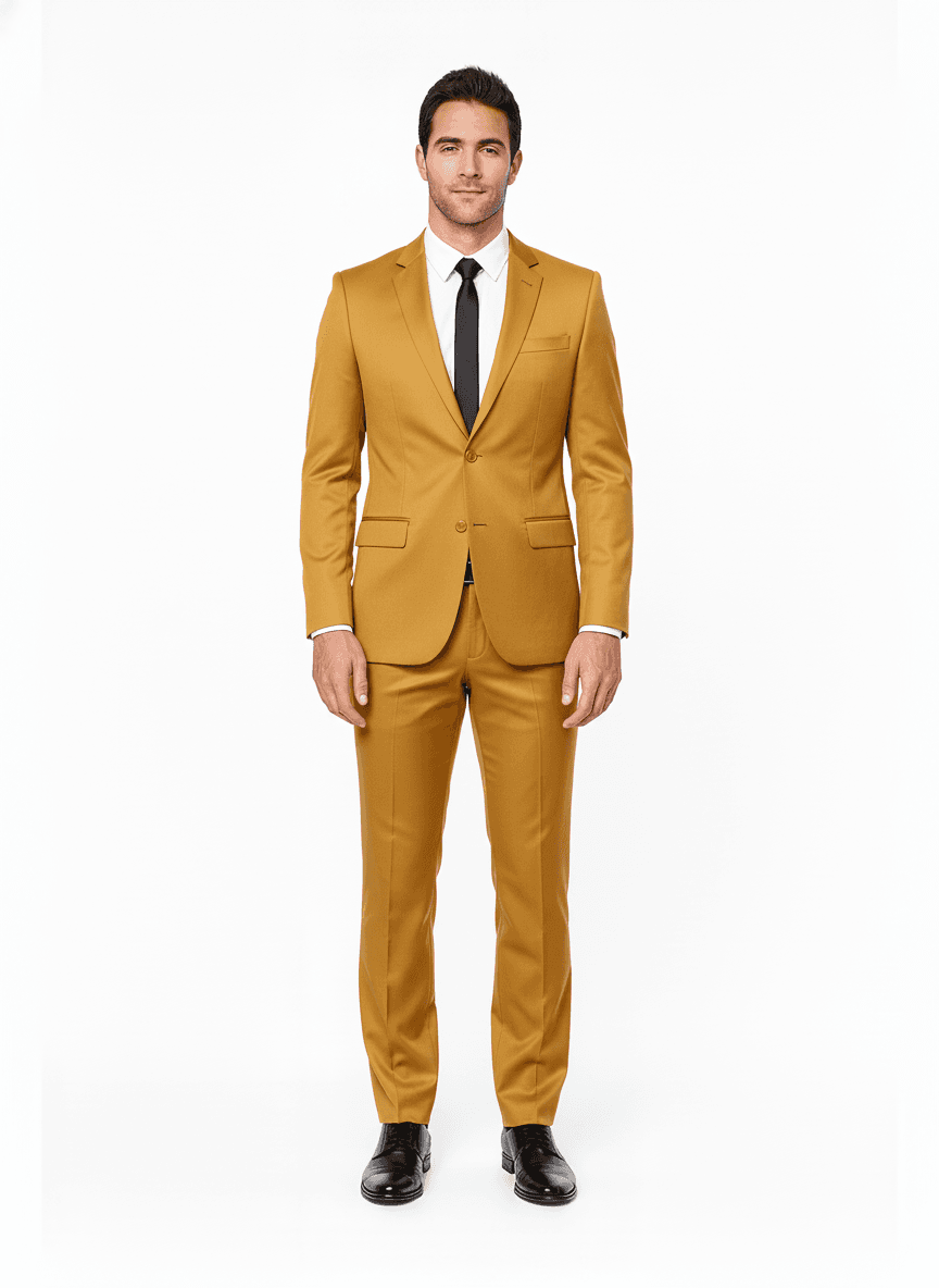 Organic Cotton Gold Solid Business Suiting Fabric on full suit — AI-rendered by Nathan Tailors, a Hoi An tailor