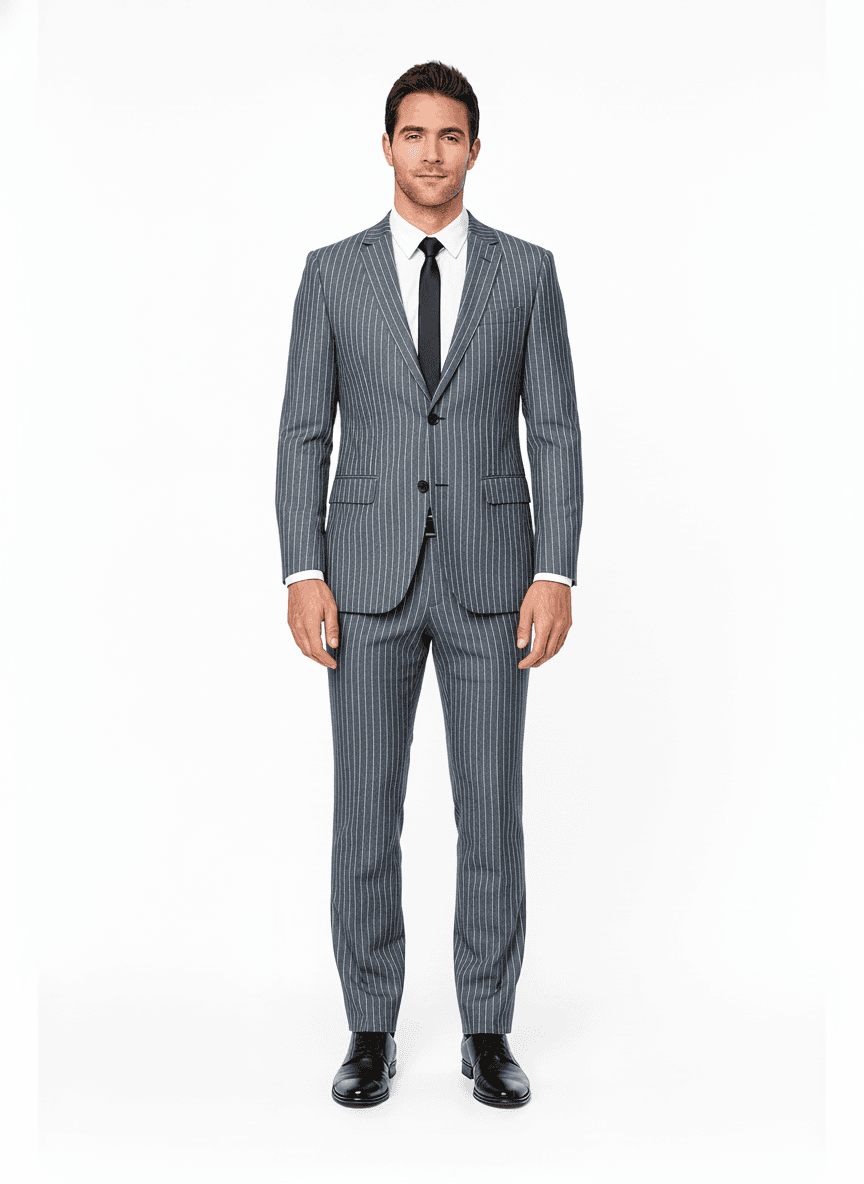 Cotton Slate Gray Light Steel Blue Striped Business Suits Fabric on full suit — AI-rendered by Nathan Tailors, a Hoi An tailor