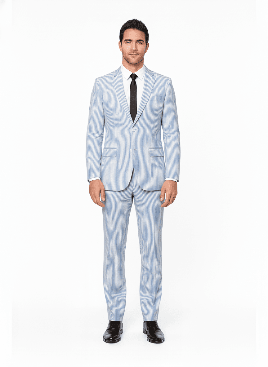 Cotton Light Blue Sky Blue Striped Dress Shirts Fabric on full suit — AI-rendered by Nathan Tailors, a Hoi An tailor