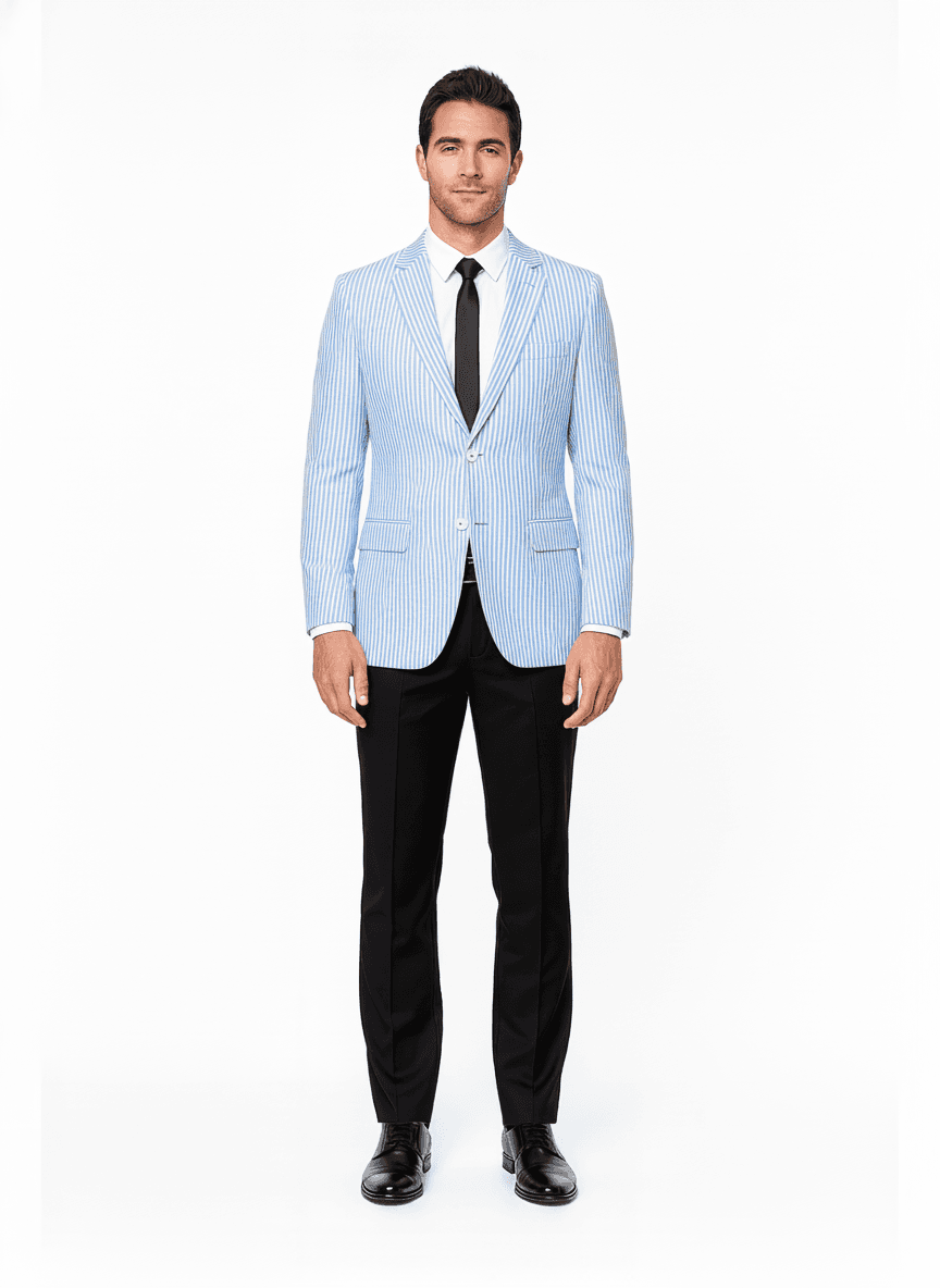 Cotton Light Blue Sky Blue Striped Dress Shirts Fabric on jacket β AI-rendered by Nathan Tailors, a Hoi An tailor