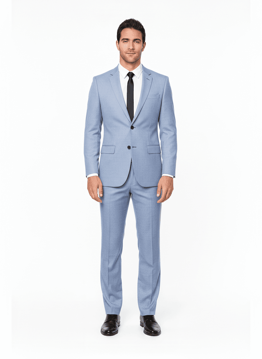 Cotton Light Mist Blue & Dove Gray Solid Dress Shirts Fabric on full suit — AI-rendered by Nathan Tailors, a Hoi An tailor