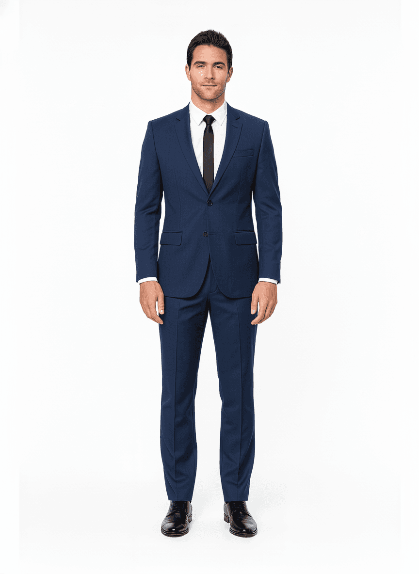 Cotton Dark Navy Blue Solid Business Suiting Fabric on full suit β AI-rendered by Nathan Tailors, a Hoi An tailor