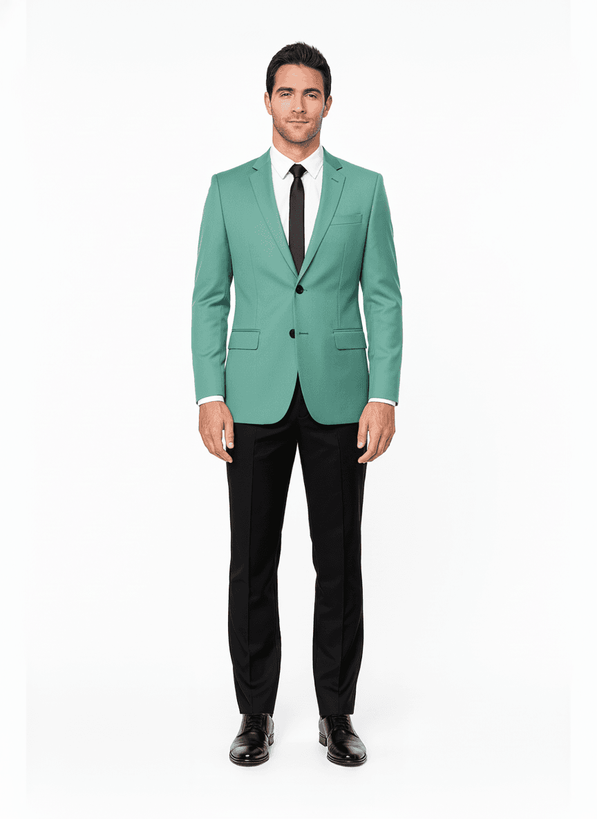 Cotton Blend Aqua Green Solid Business Suits Fabric on jacket — AI-rendered by Nathan Tailors, a Hoi An tailor