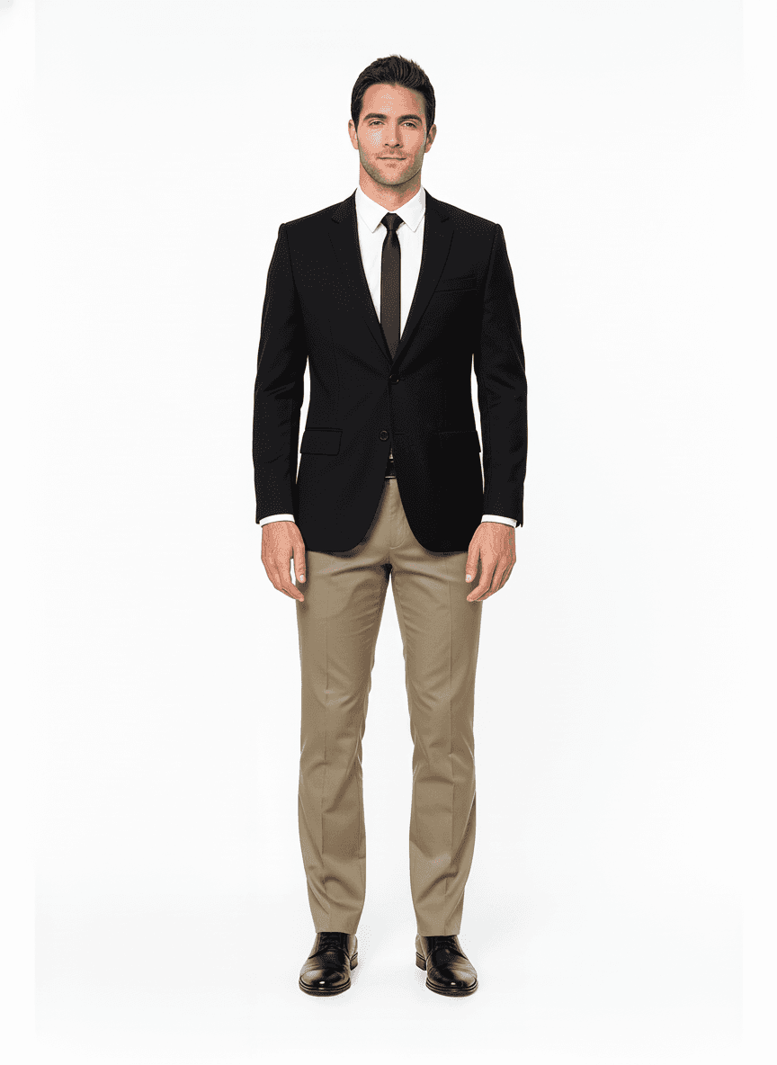 Cotton Blend Warm Taupe Solid Business Suits Fabric on full suit — AI-rendered by Nathan Tailors, a Hoi An tailor