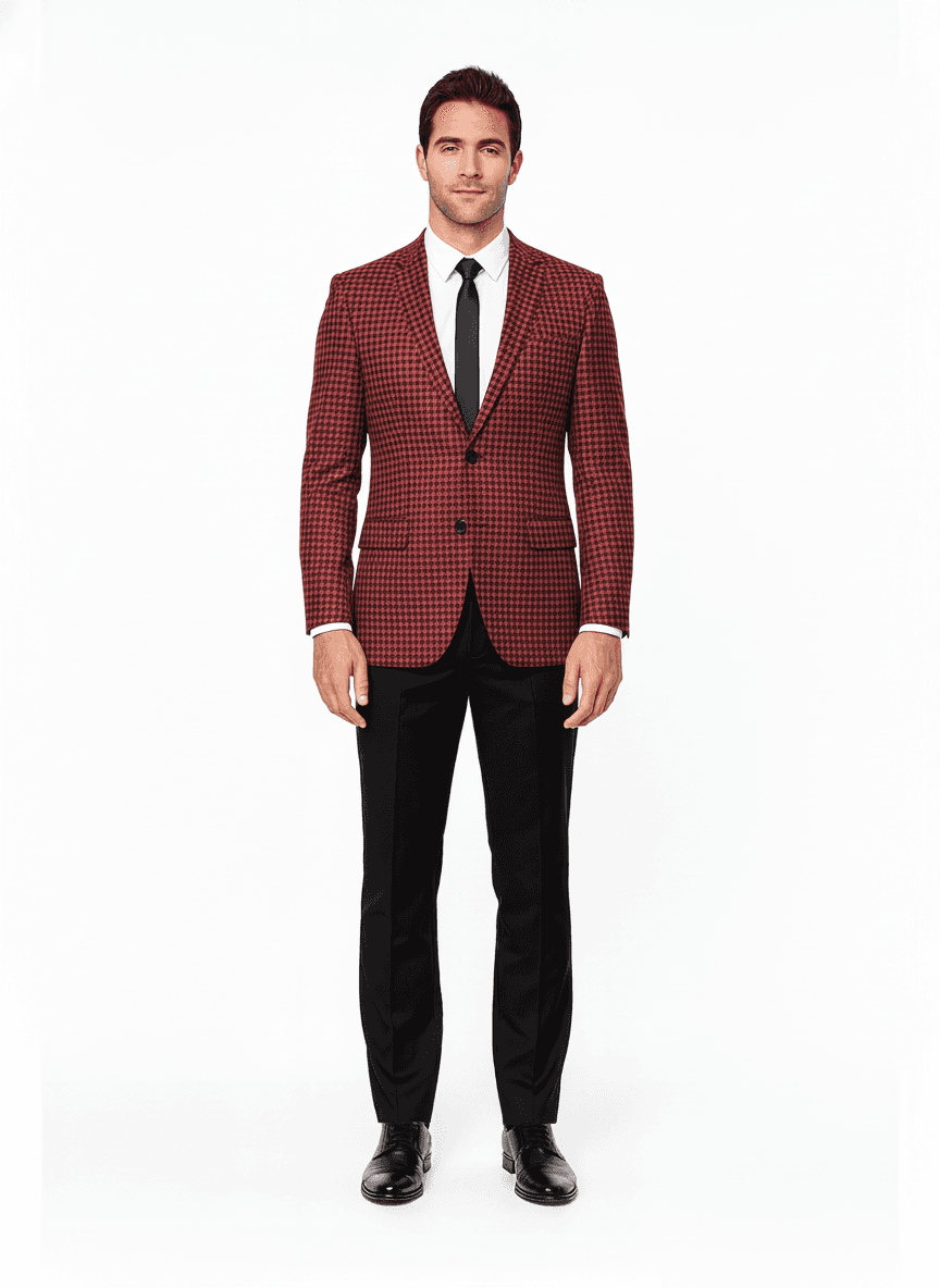 Cotton Blend Deep Red & White Houndstooth Blazer Fabric on jacket — AI-rendered by Nathan Tailors, a Hoi An tailor