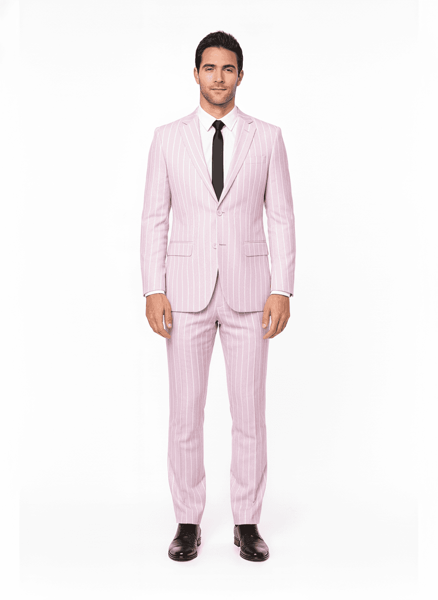 Cotton Blend Pale Pink Light Gray Striped Dress Shirt Fabric on full suit — AI-rendered by Nathan Tailors, a Hoi An tailor