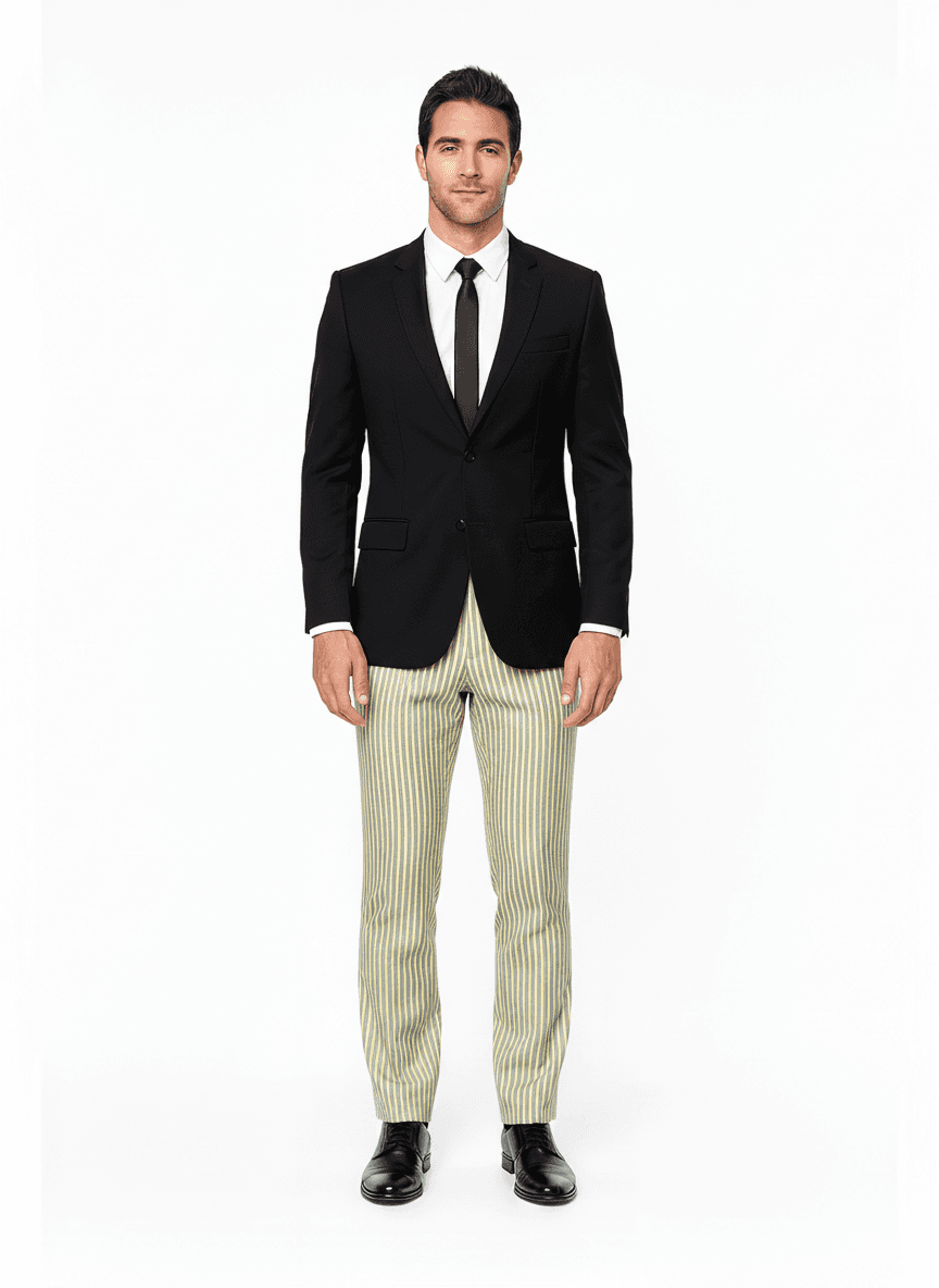 Cotton Blend Light Yellow Striped Casual Shirts Fabric on full suit — AI-rendered by Nathan Tailors, a Hoi An tailor
