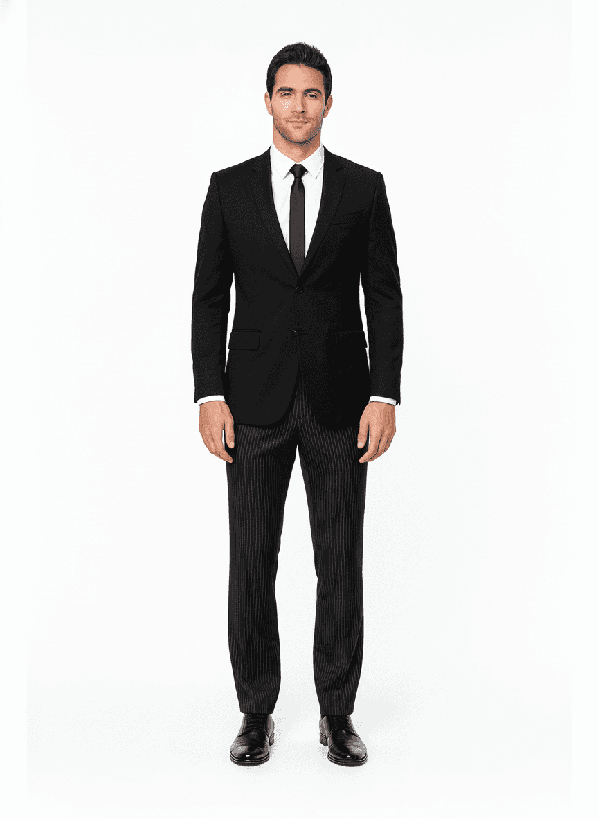 Cotton Blend Charcoal Black Light Gray Pinstripe Business Suiting Fabric on full suit — AI-rendered by Nathan Tailors, a Hoi An tailor