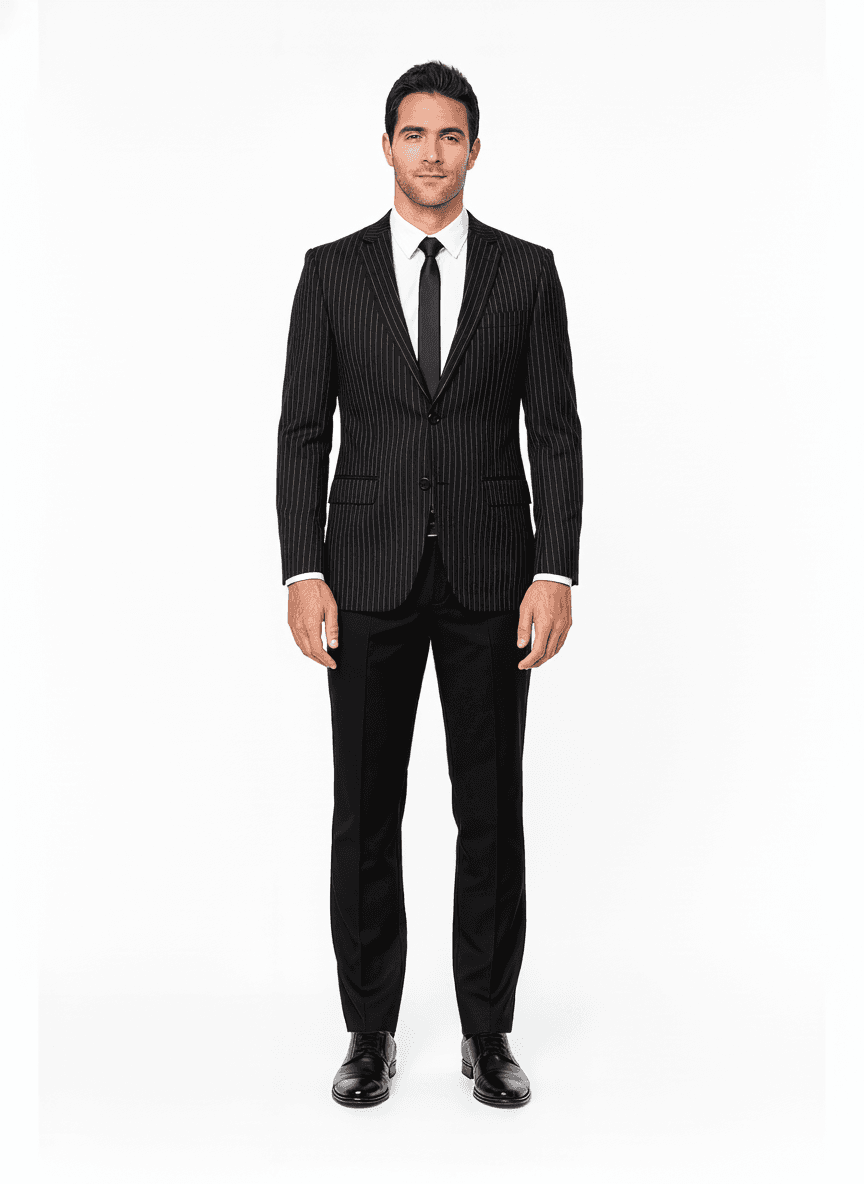 Cotton Blend Charcoal Black Light Gray Pinstripe Business Suiting Fabric on jacket — AI-rendered by Nathan Tailors, a Hoi An tailor