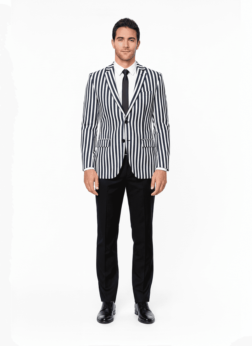 Cotton Blend White Deep Blue Striped Business Suiting Fabric on jacket — AI-rendered by Nathan Tailors, a Hoi An tailor