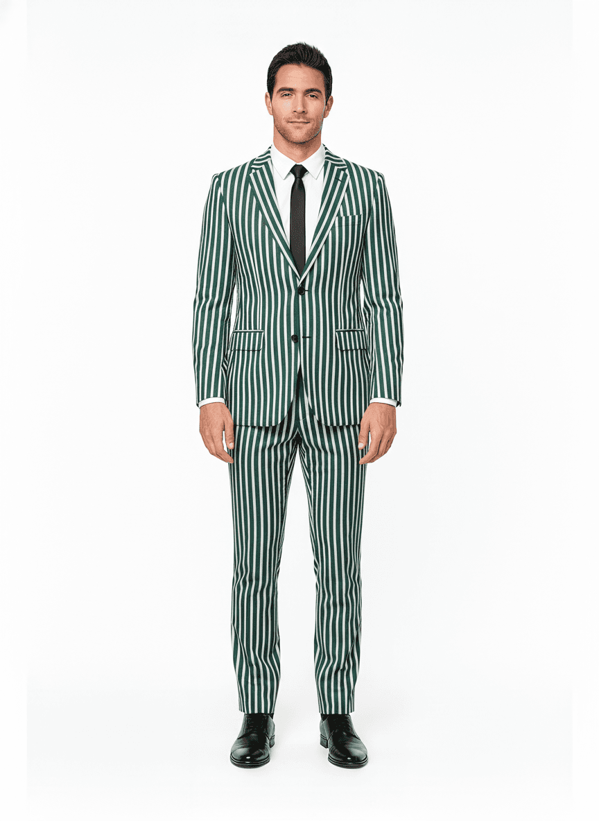 Cotton Blend Dark Green Light Grey Striped Business Suiting Fabric on full suit — AI-rendered by Nathan Tailors, a Hoi An tailor